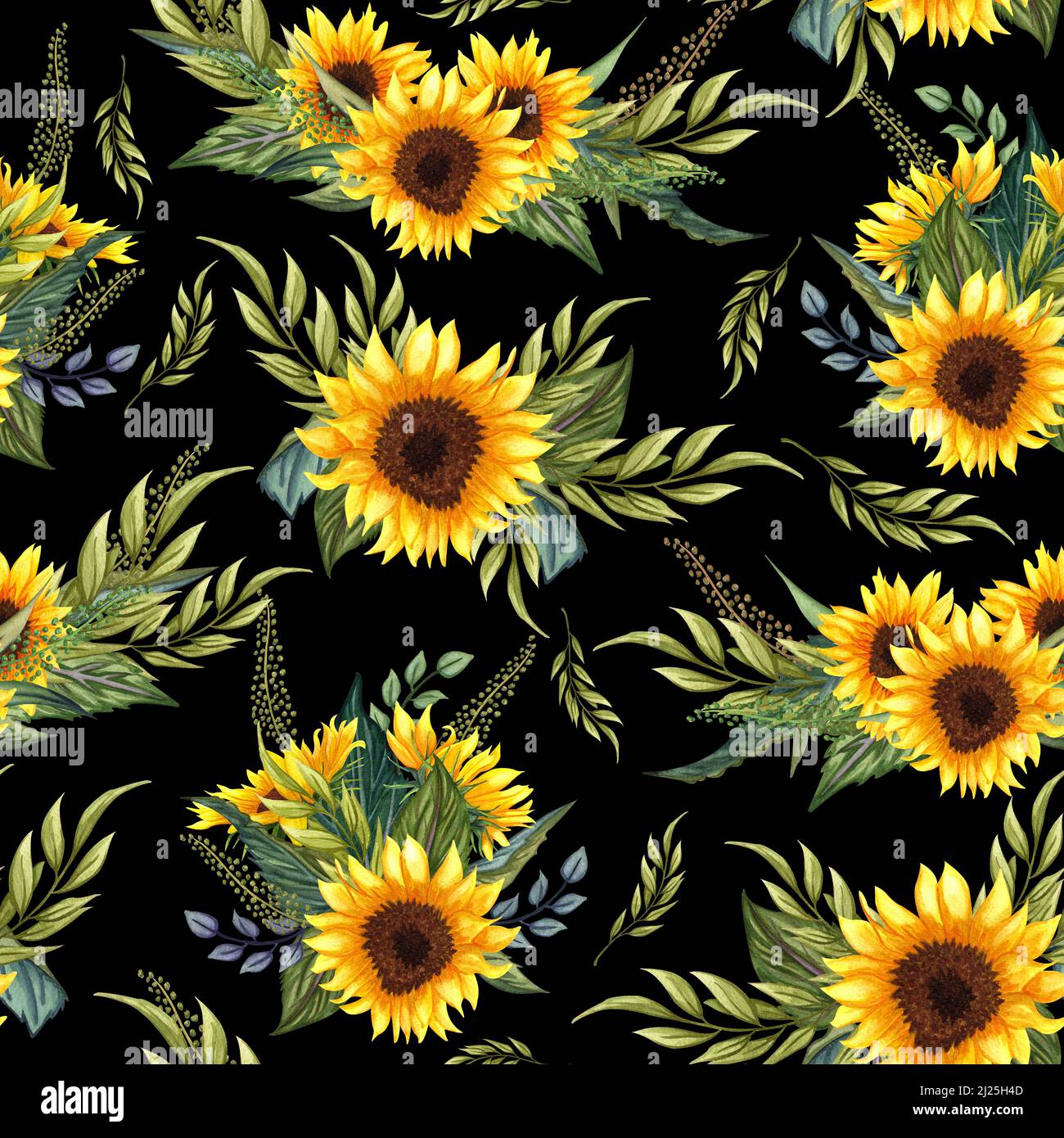 Seamless pattern with sunflowers on black background. Collection decorative  floral design elements. Flowers, buds, and leaves hand drawn with watercol  Stock Photo - Alamy