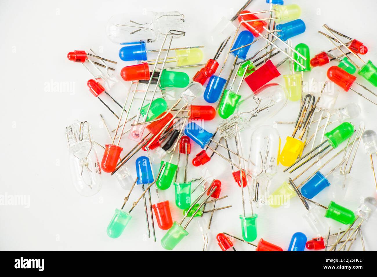 Led light display colorful lamps and electrical parts on the white