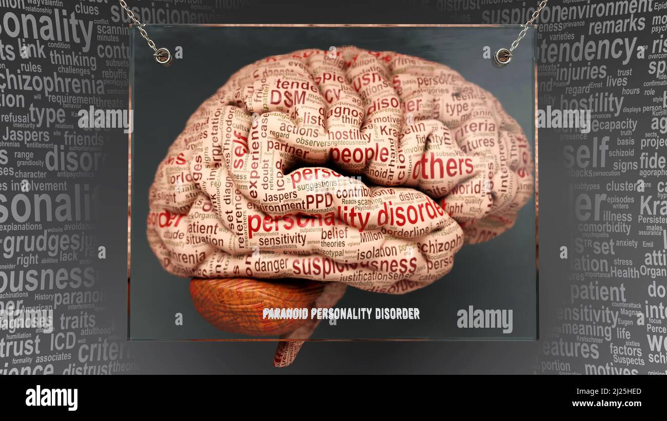 Paranoid personality disorder anatomy - its causes and effects projected on a human brain revealing Paranoid personality disorder complexity and relat Stock Photo