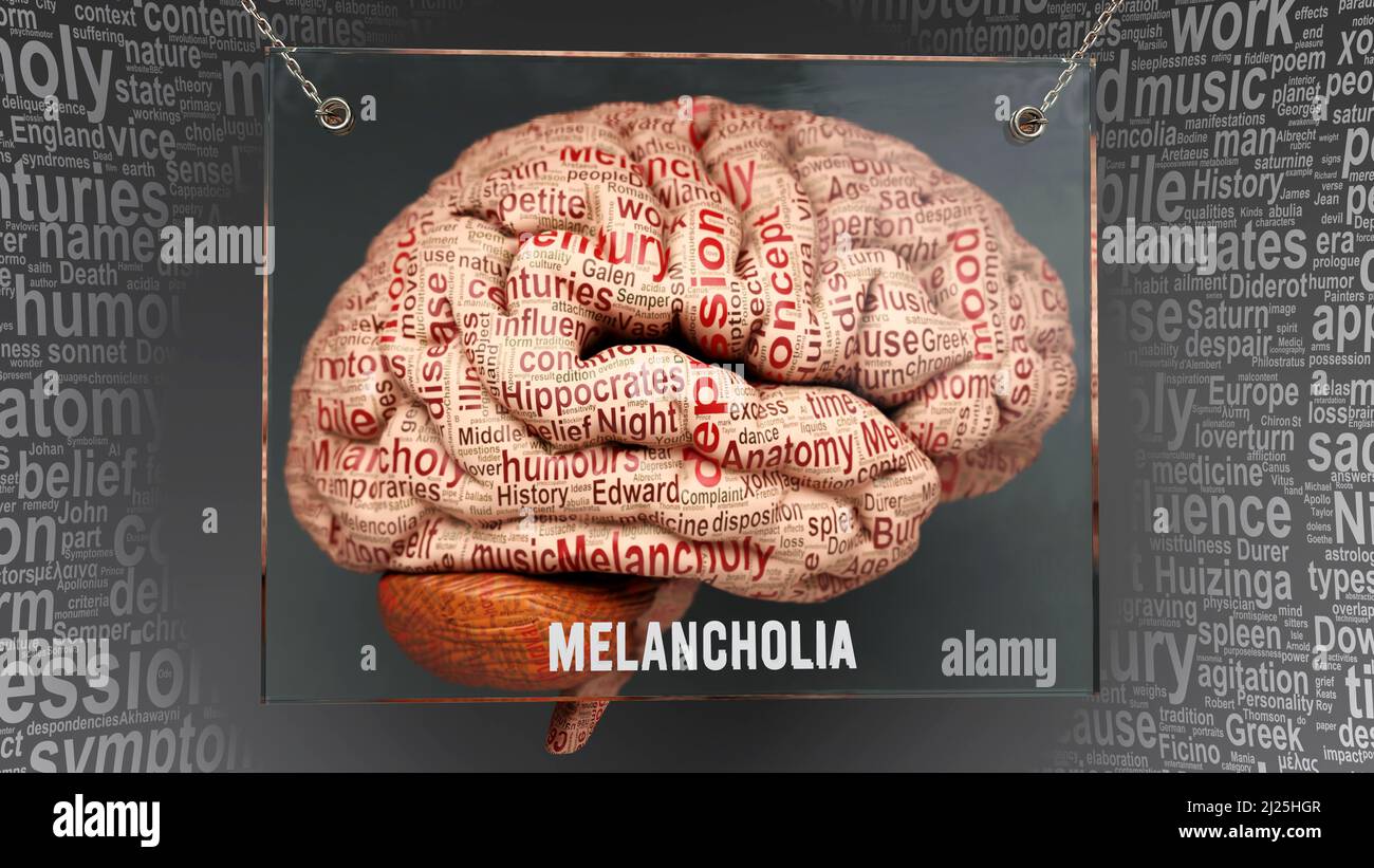Melancholia anatomy - its causes and effects projected on a human brain revealing Melancholia complexity and relation to human mind. Concept art, 3d i Stock Photo