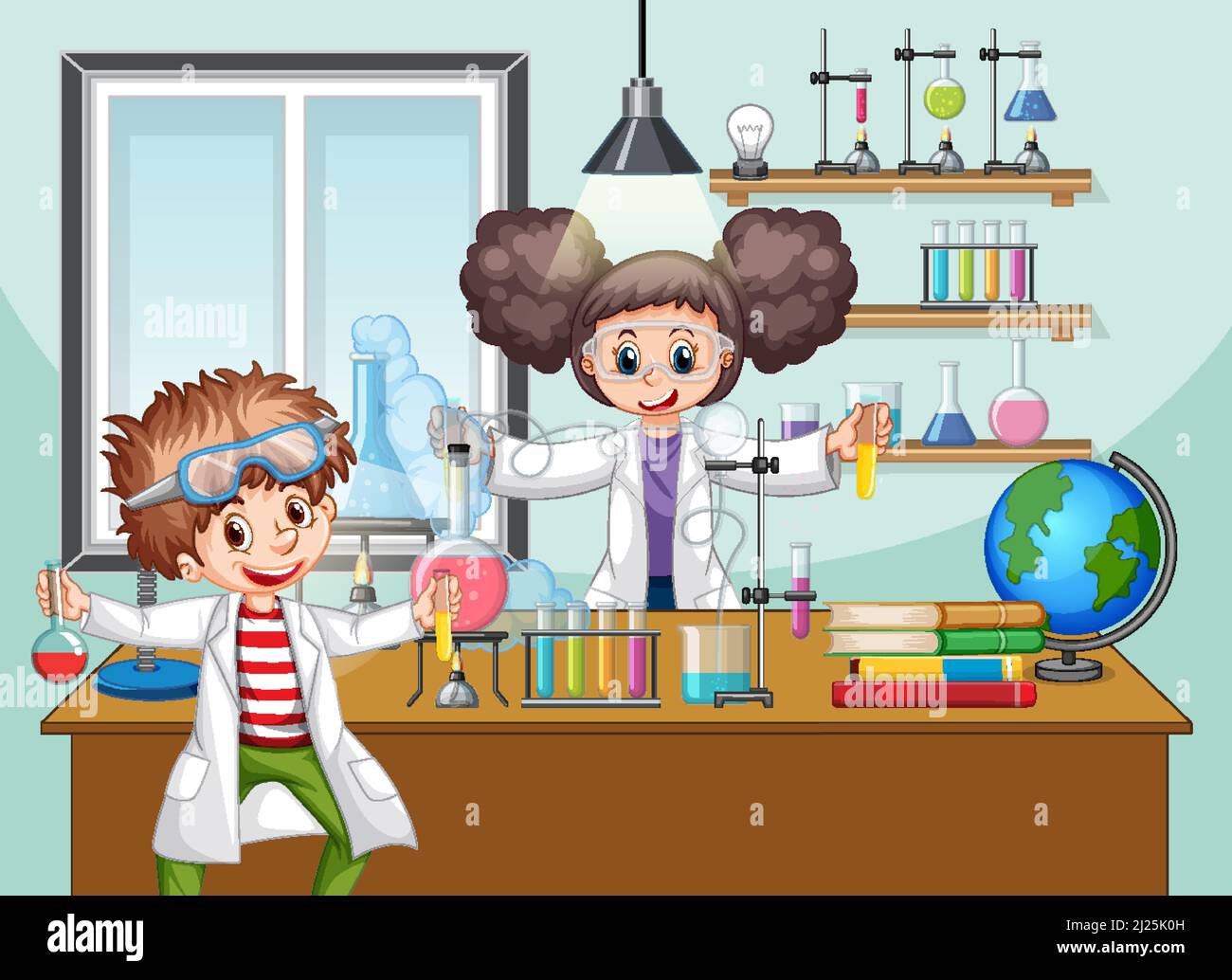 Classroom scene with scientist doing experiment illustration Stock Vector