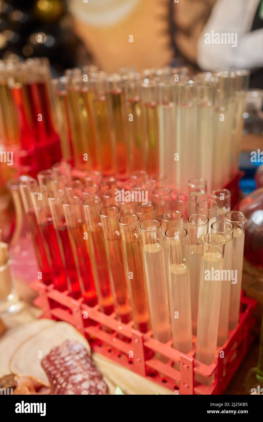Laboratory glassware with alcohol cocktail's on chemical party Stock ...