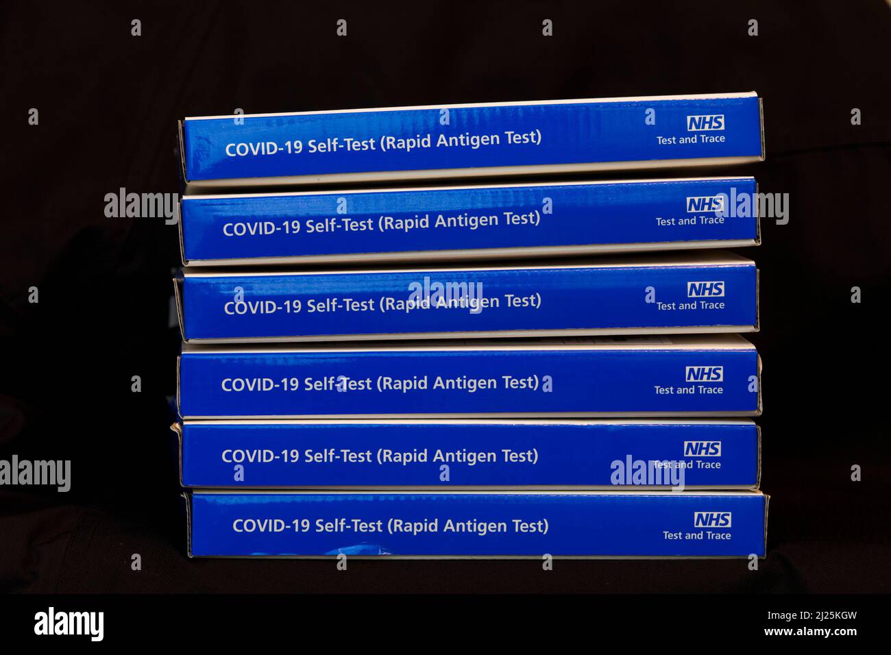 Blue NHS Covid19 lateral flow test kit boxes / rapid lateral flow antigen coronavrus test kits