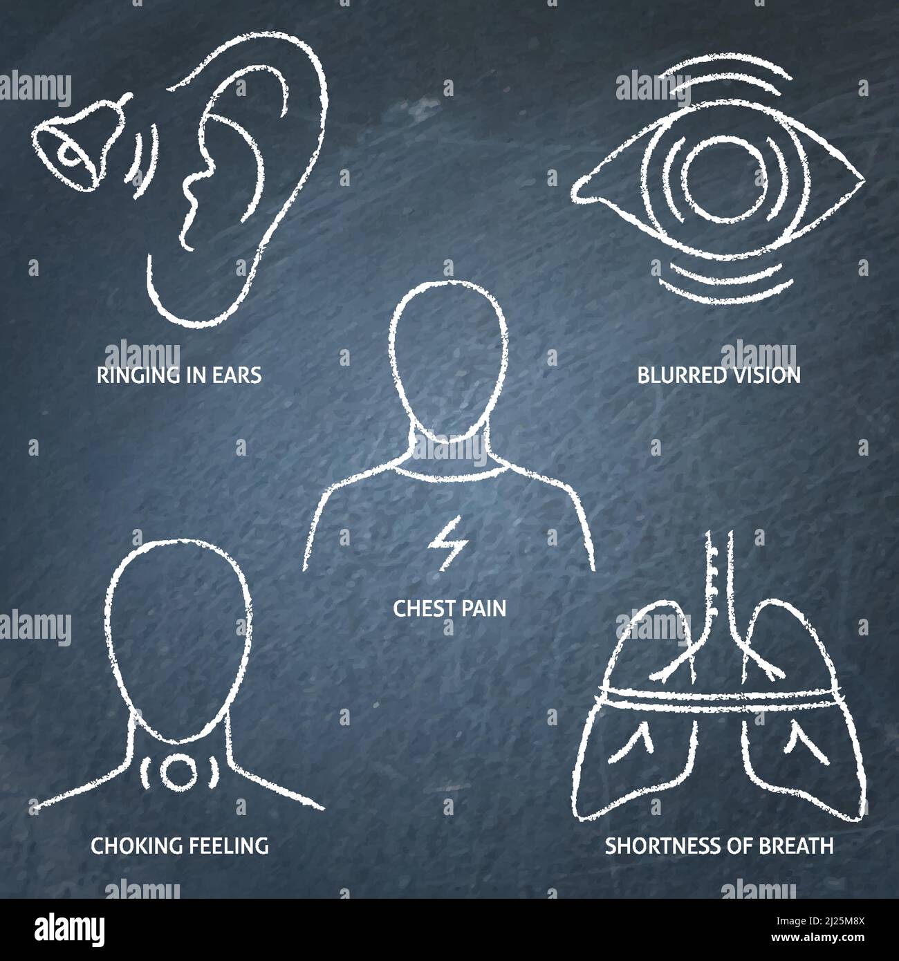 Chalkboard stress reaction symptoms icon set. Shortness of breath