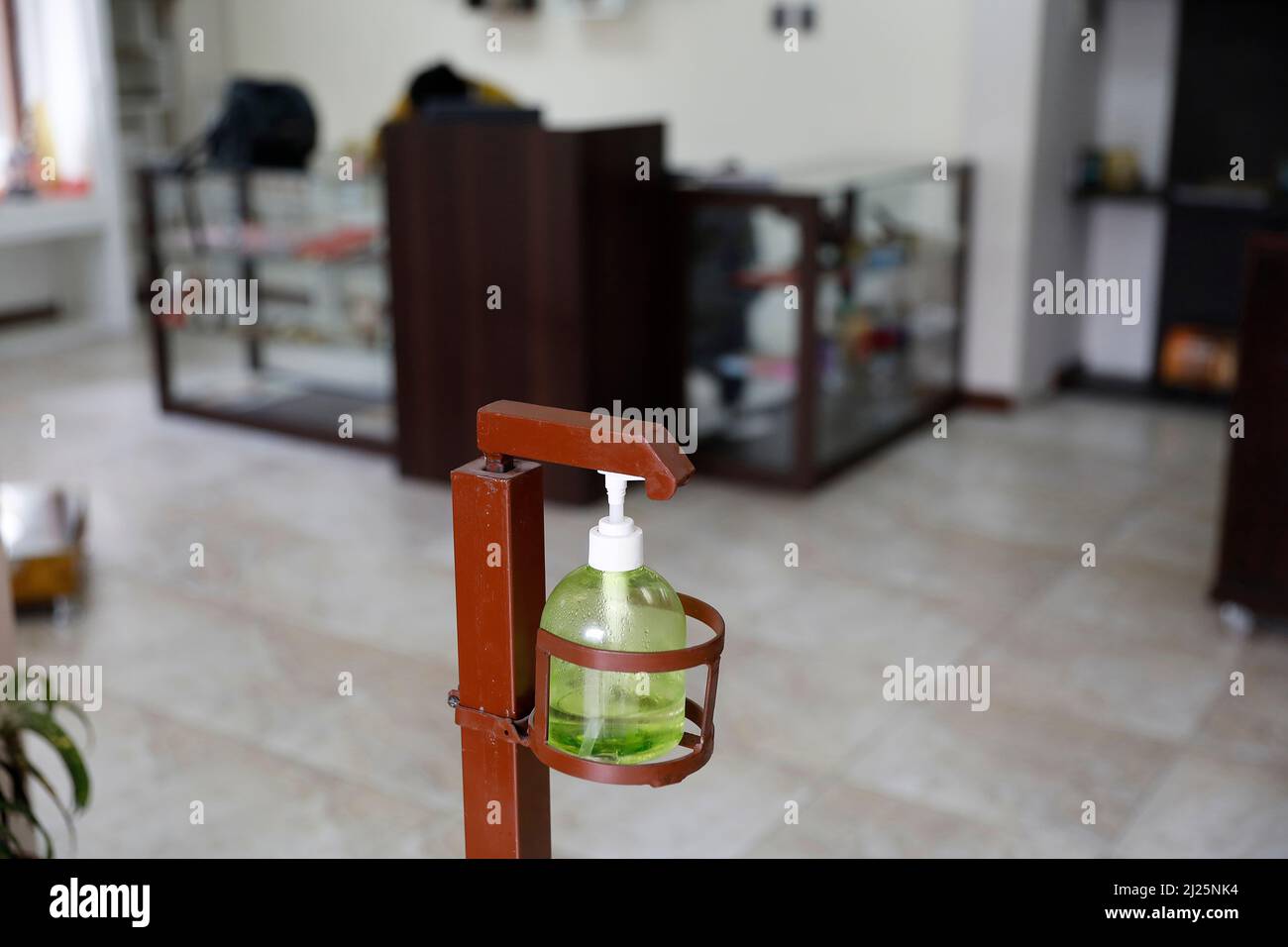 Self-service bacterial wash in a shop during covid-19 pandemic in Riobamba, Ecuador Stock Photo