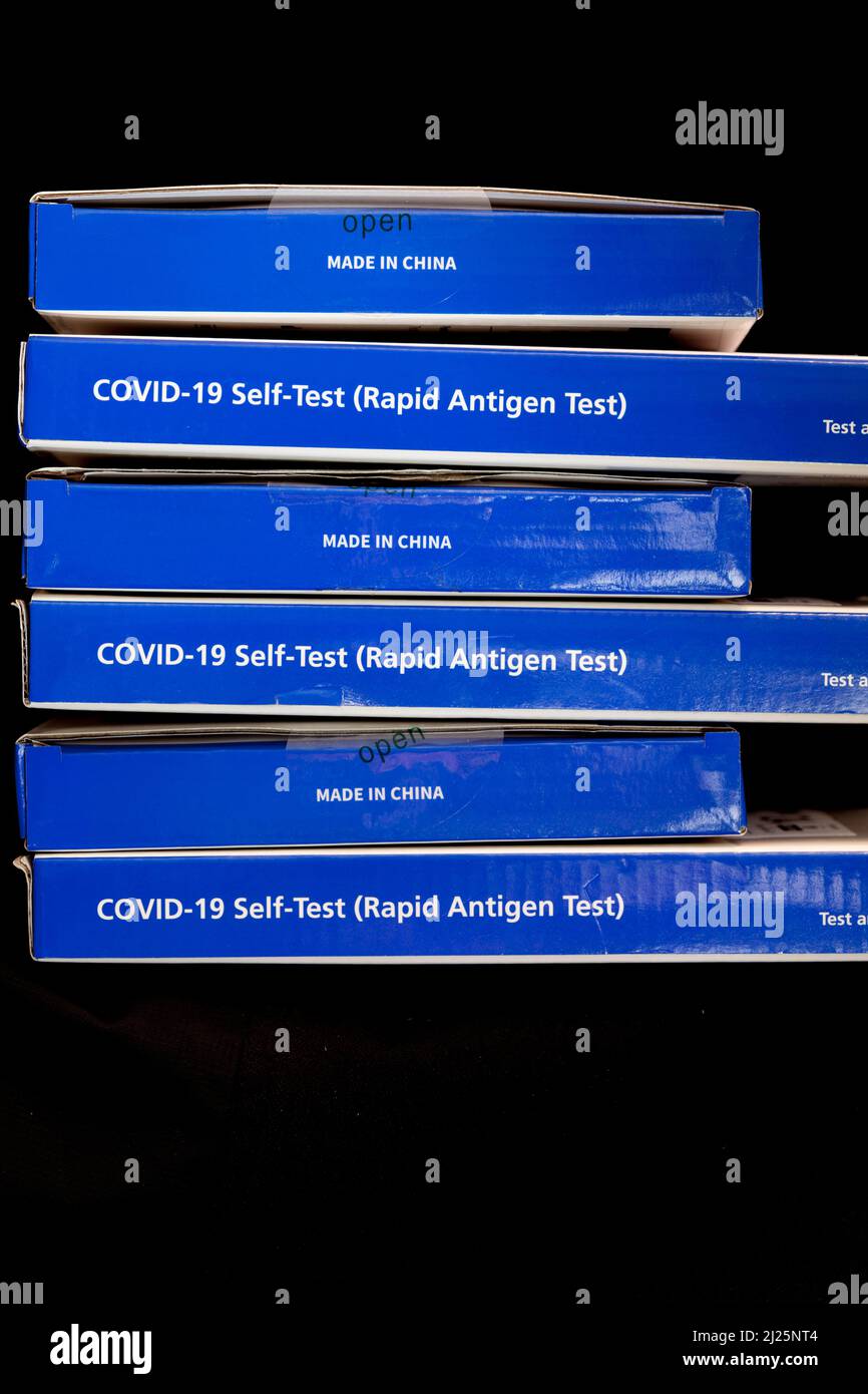 Blue NHS Covid19 lateral flow test kit boxes / rapid lateral flow antigen coronavrus test kits
