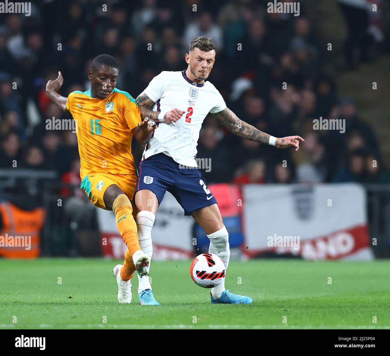 London, UK. 29th Mar, 2022. Ben White of England with Max Alain Gradel of Ivory Coast during the International Friendly match at Wembley Stadium, London. Picture credit should read: David Klein/Sportimage Credit: Sportimage/Alamy Live News Stock Photo
