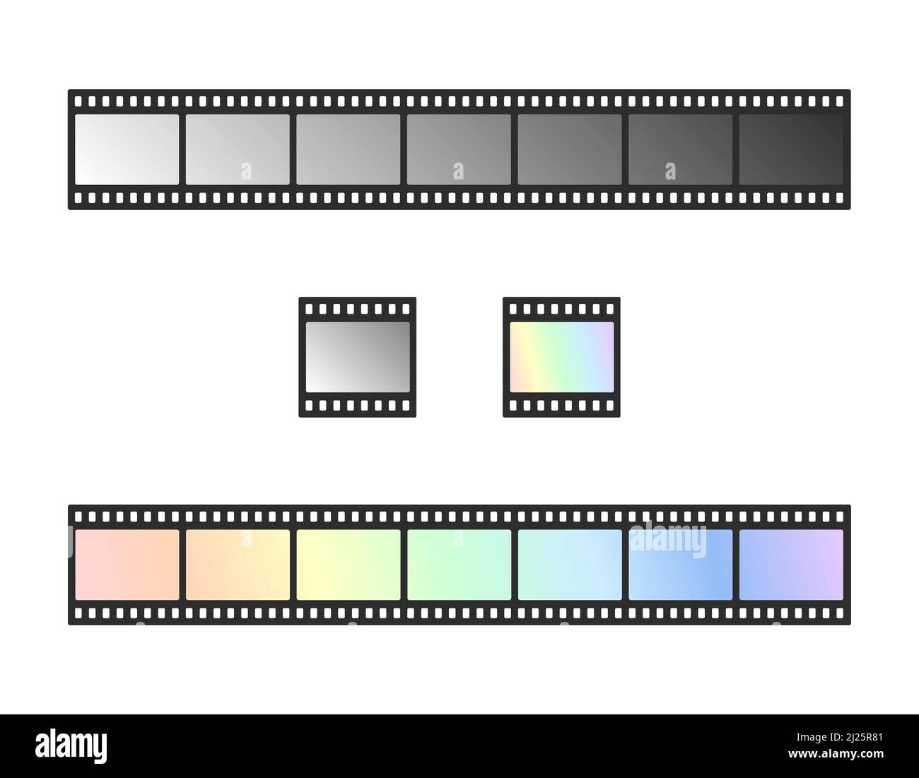Filmstrip vector set. Cinema filmstrip, photo frame isolated on white background. Blank negative film. 35mm slide border. Vector flat illustration. Stock Vector