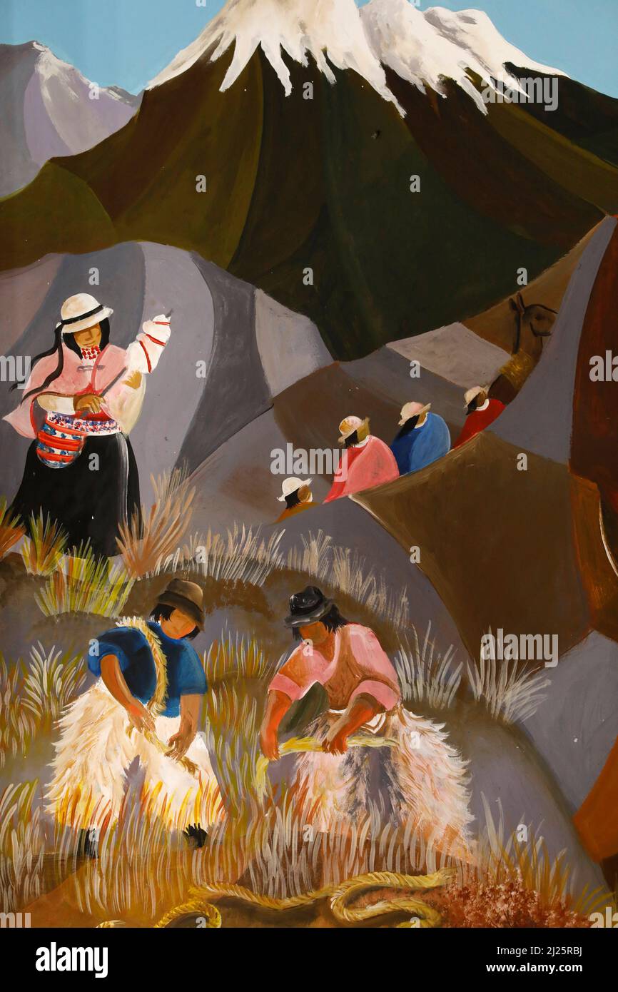 Painting depicting indigenous Ecuadorians climbing the Chimborazo mountain to collect ice. Ecuador Stock Photo