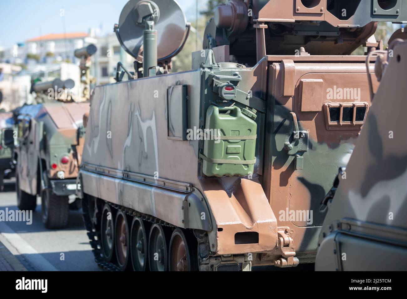 M113 armored personnel carrier APC, Military parade. War weapon, camouflage color tracked vehicle, close up view. Army machine for fight and defense Stock Photo