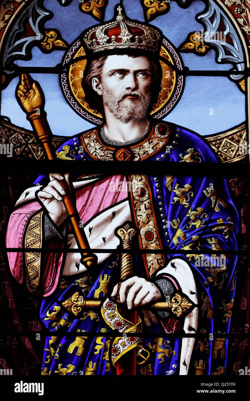 Church of Saint Jerome  ( San Jeronimo ) the Royal.  Stained glass window. Ferdinand III of Castile. Stock Photo