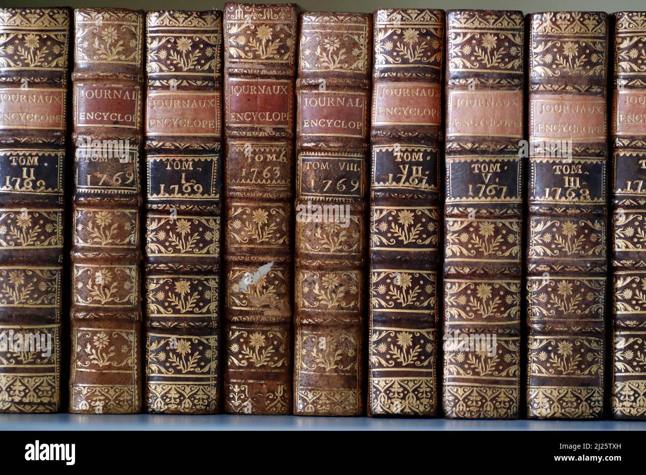 Old Encyclopedia general knowledge  books. Library. Stock Photo