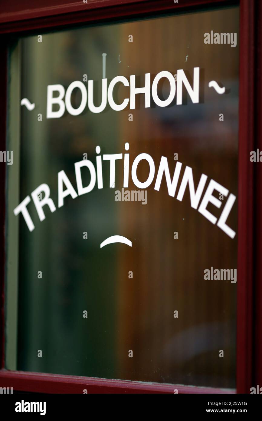 Bouchon Lyonnais sign on the facade of a Bouchon restaurant in Lyon. Stock Photo
