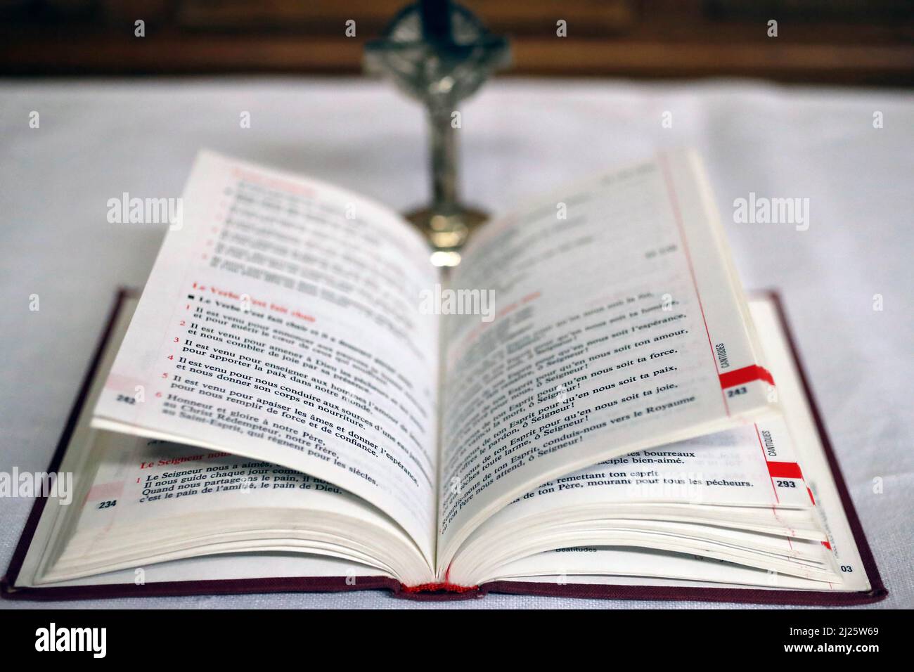 Sacristy of catholic church. Open bible Stock Photo Alamy