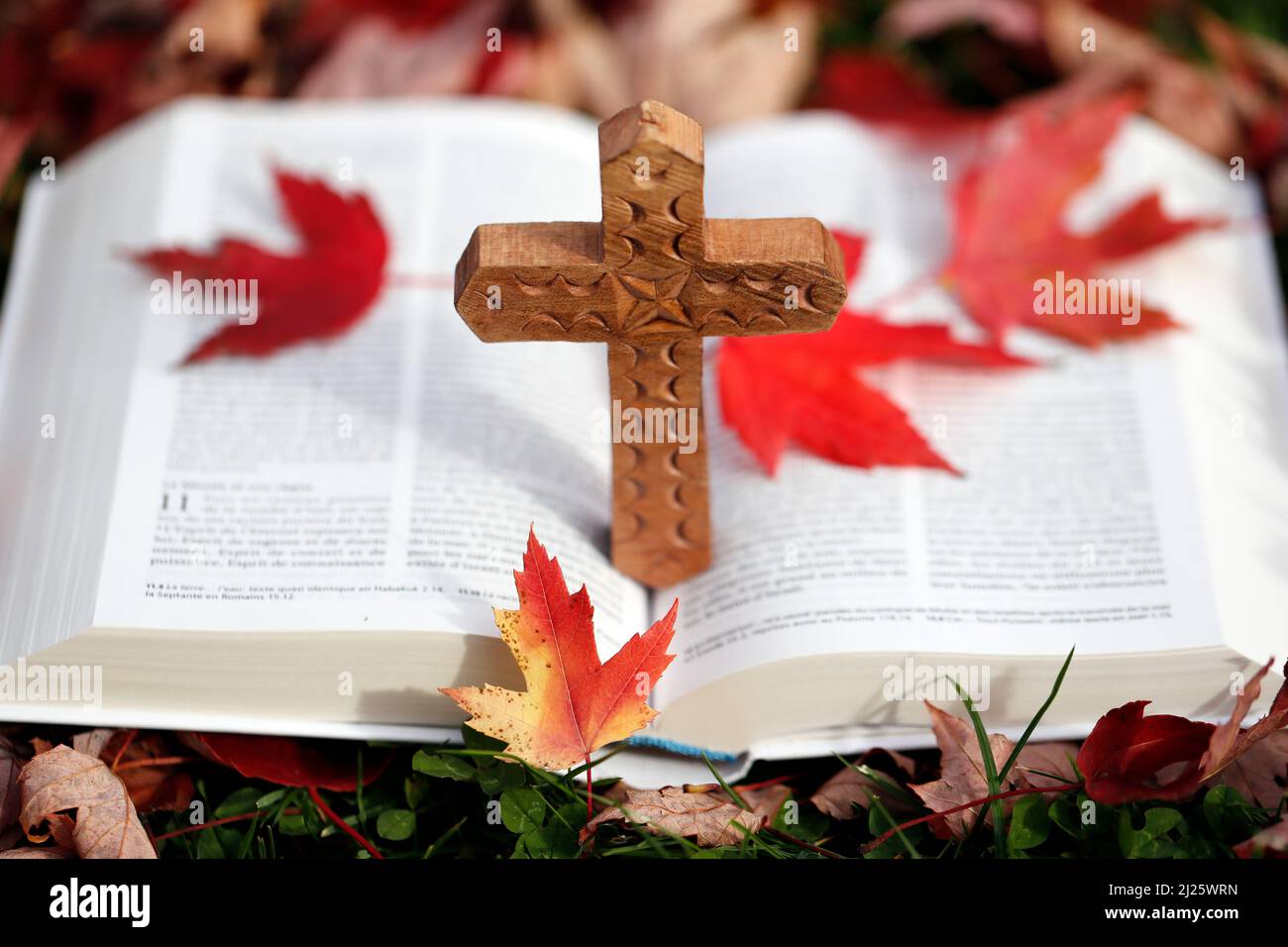 Open holy bible, christian wooden cross and autumn leaves Stock Photo