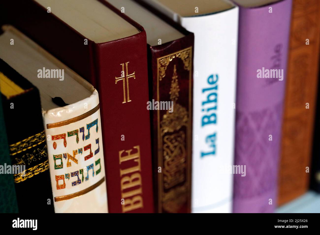 Christianity, Islam and Judaism.  Bible, Quran and Torah. Interfaith  or interreligious religious symbols.  Faith and spirituality concept. Stock Photo