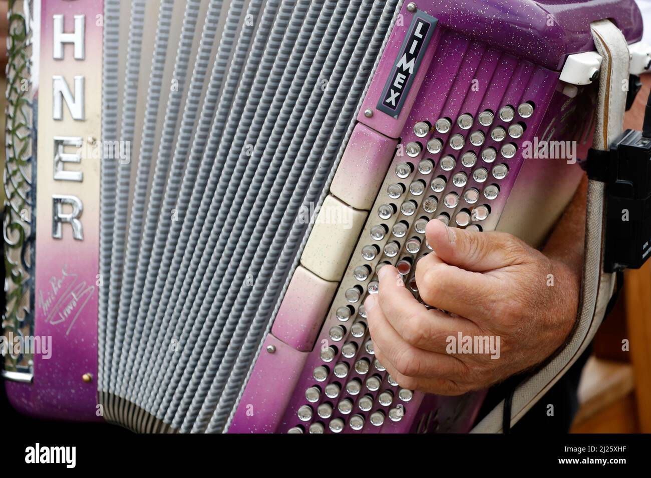 Accordion folk band. Closeup on hand Stock Photo Alamy