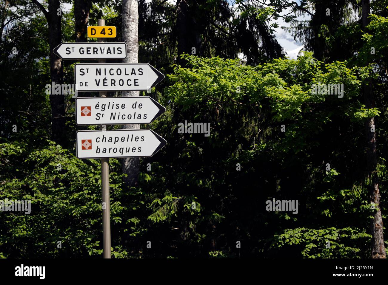 Road sign.  Villages and churches. Stock Photo