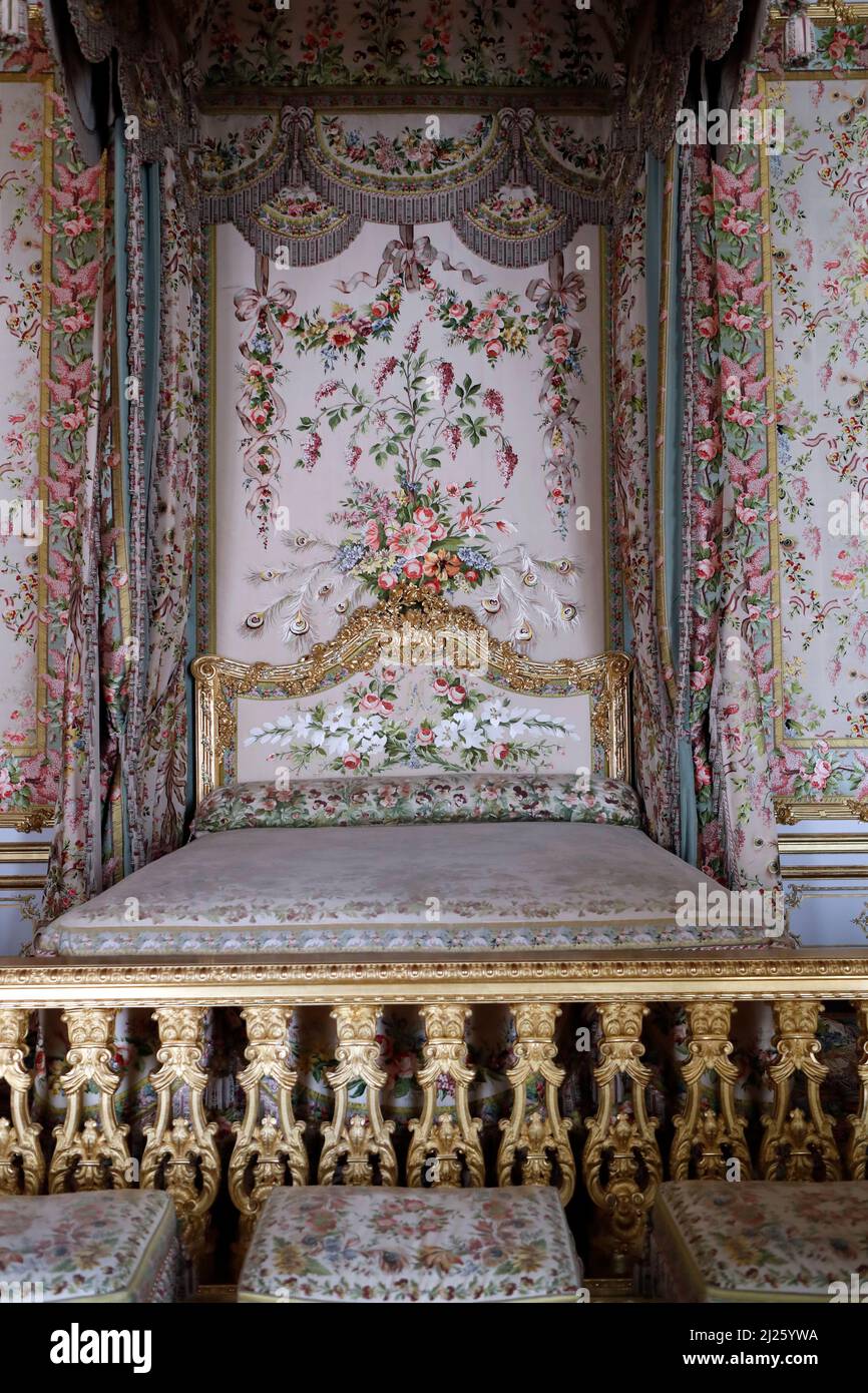 The Queen's bed in the Queen's bedchamber, Versailles Palace. Stock Photo