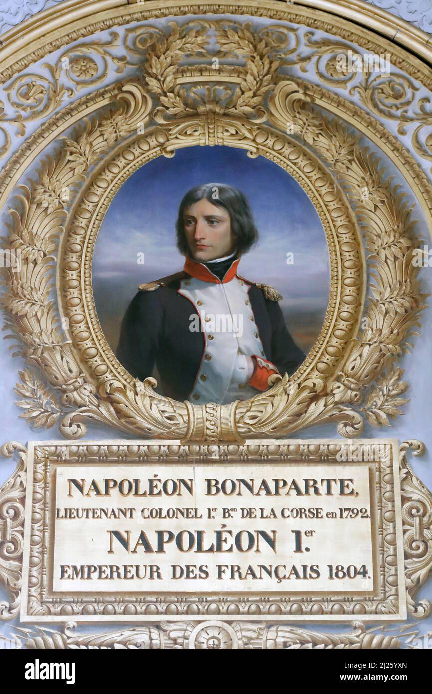 Oil canvas painting portrait of Napoleon Bonaparte as a Lieutenant Colonel of the Corsican National Guard by Henri Felix Emmanuel Philippoteaux. Stock Photo