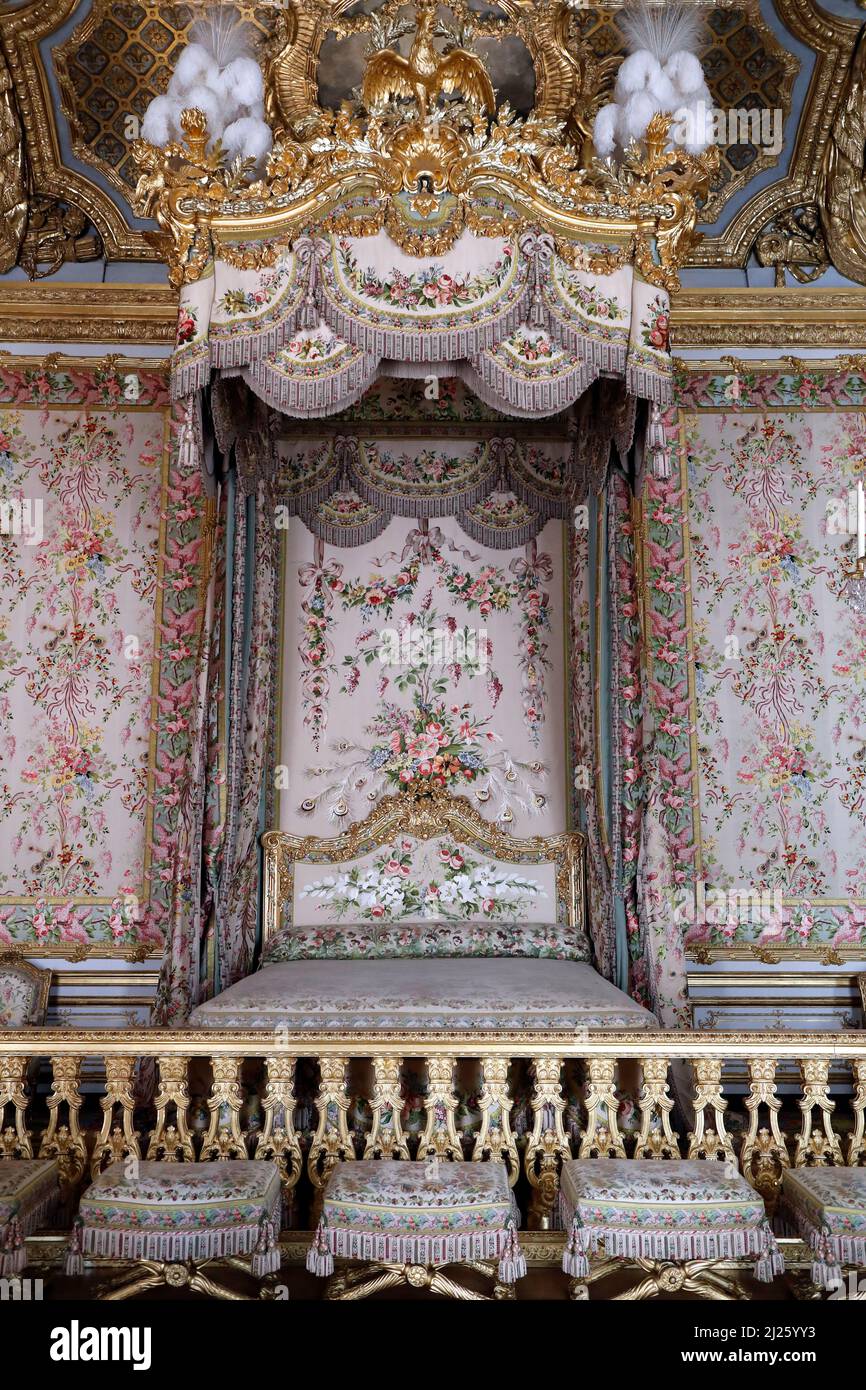 The Queen's bed in the Queen's bedchamber, Versailles Palace. Stock Photo