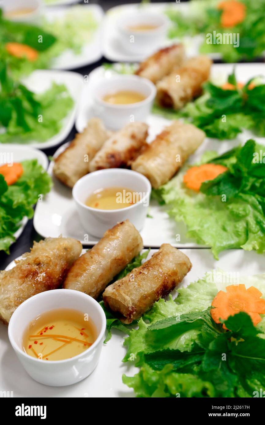 Asian cuisine. Authentic Vietnamese Spring Rolls (Nem Ran Hay Cha Gio). Stock Photo