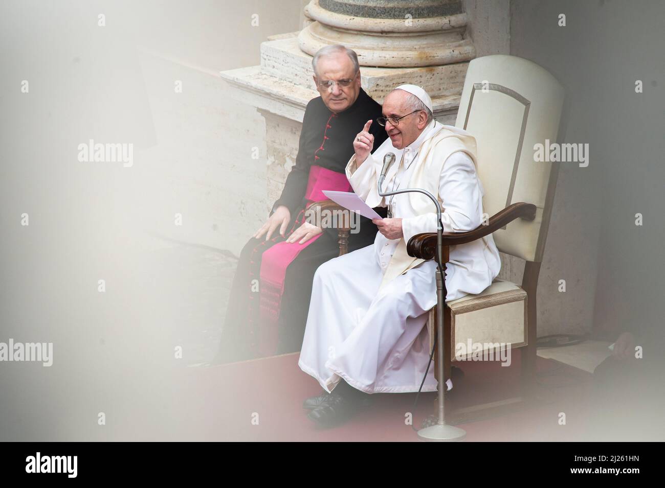 Pope Francis in San Damaso courtyard in the Vatican for his weekly outdoors general audience. Stock Photo