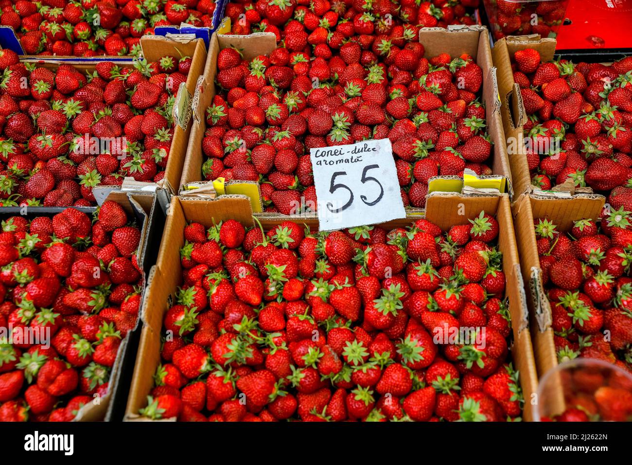 Strawberries sold at Chisinau central market, Moldova Stock Photo
