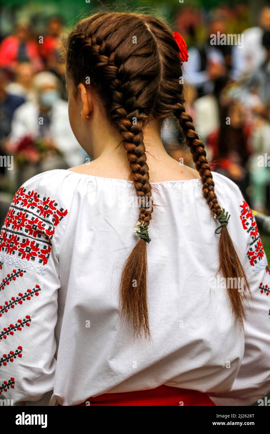 Moldovan girl wearing a traditional costume in Chisinau, Moldova Stock