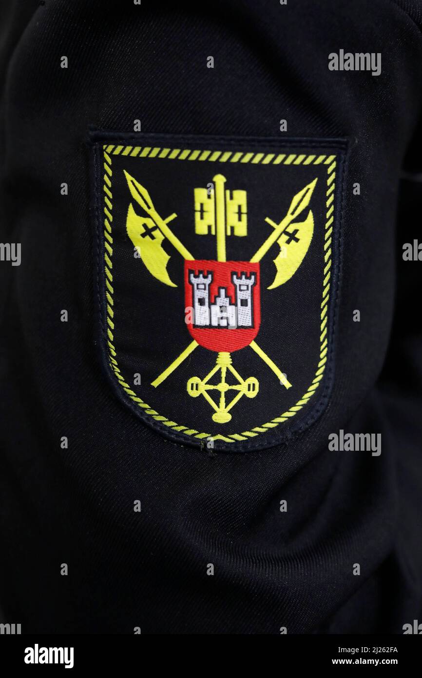Coat of arms embroidered on a security agent in Calarasi, Moldova Stock Photo