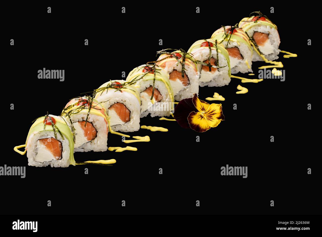 Japanese sushi roll with tiger shrimp, salmon, Philadelphia cheese