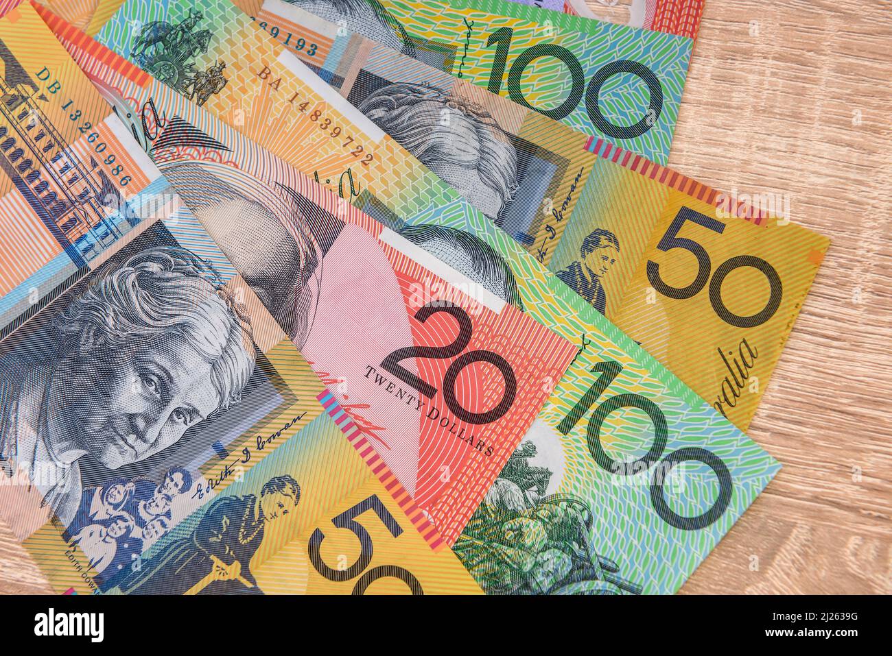 Colorful australian dollar banknotes close up on table Stock Photo