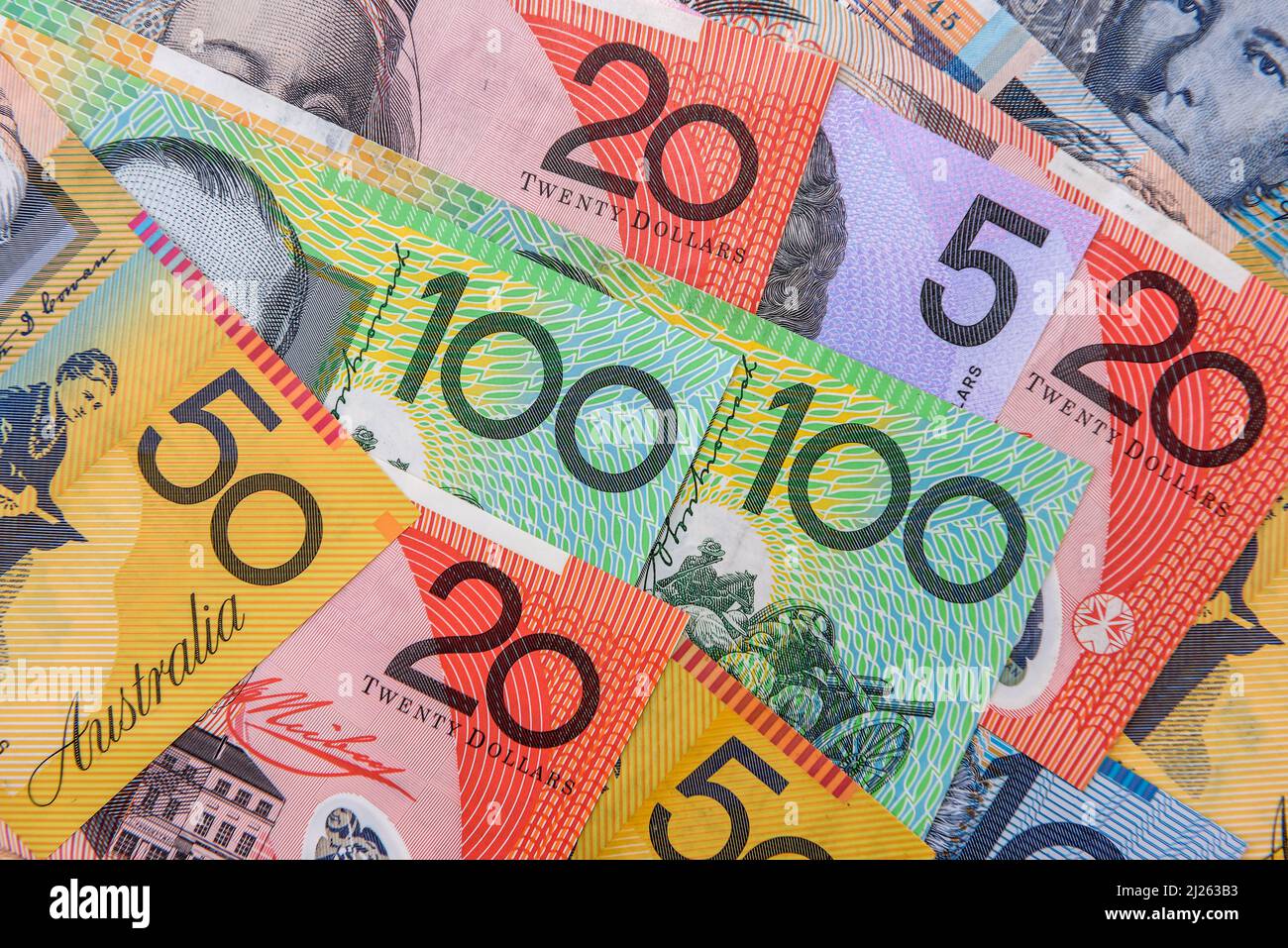 Colorful australian dollar banknotes close up on table Stock Photo