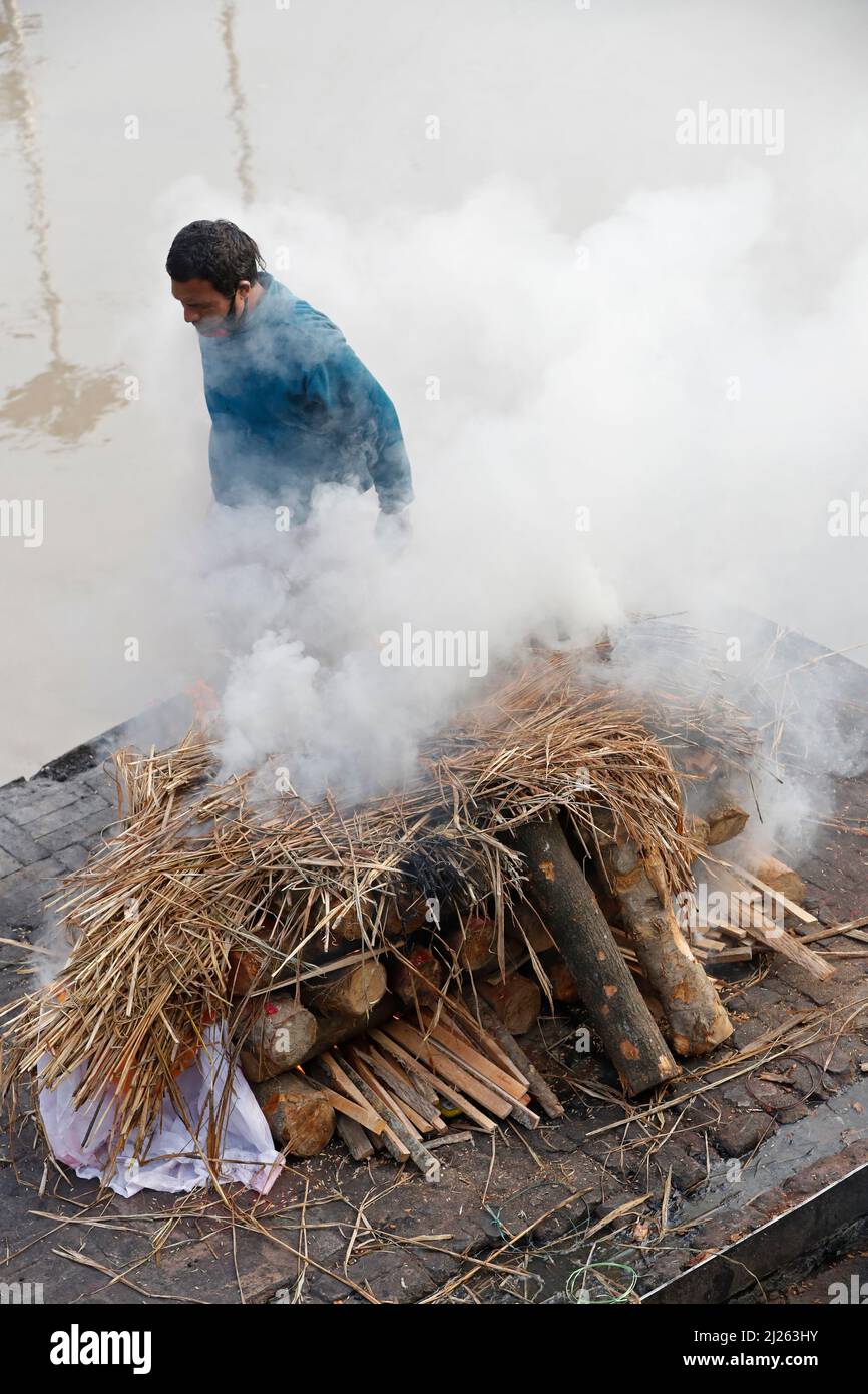 Arya Ghat cremation pyres, Hindu pilgrimage and cremation site, Pashupatinath. Stock Photo