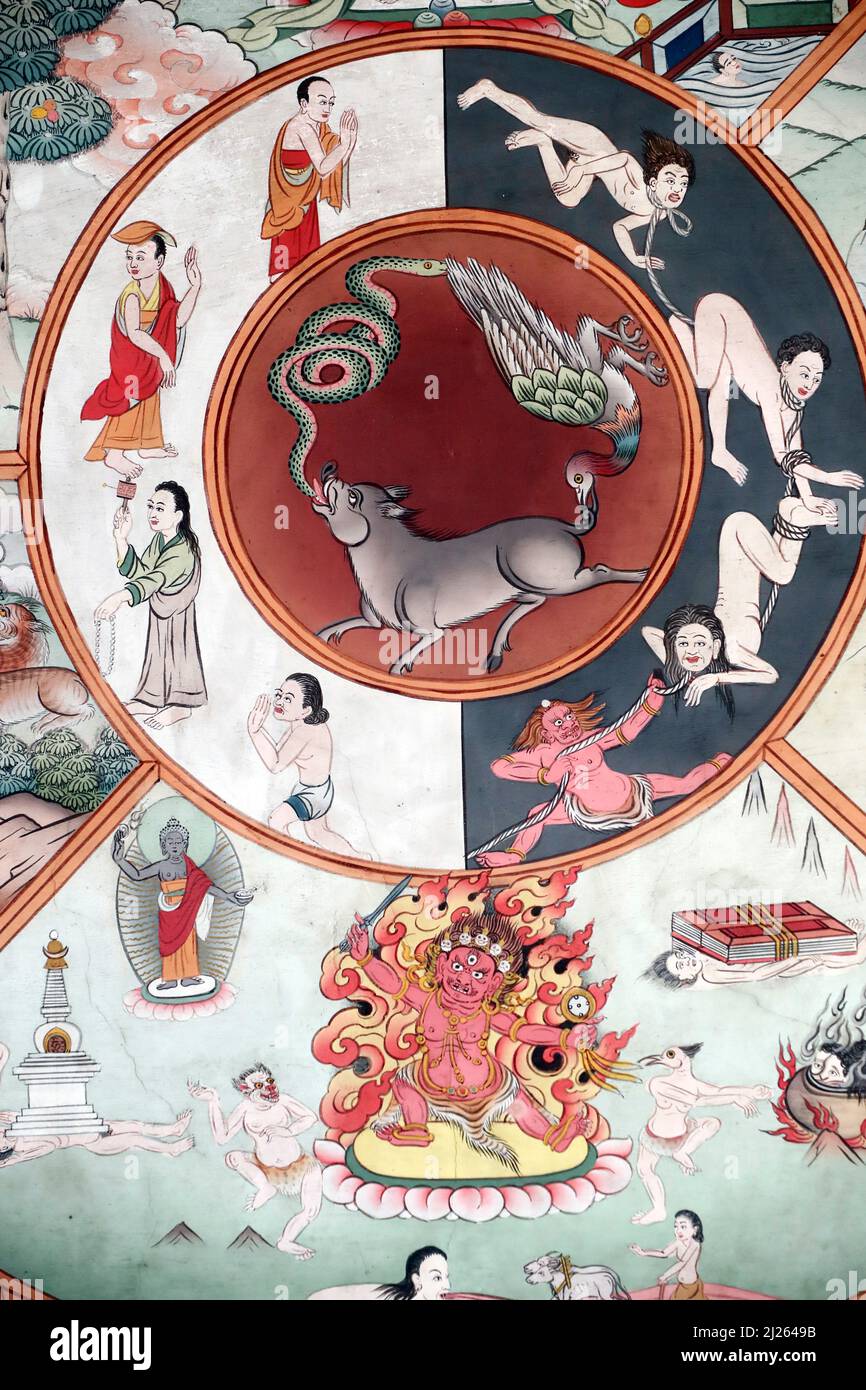 Pema Osel Ling Monastery.  The wheel of life or the bhavacakra  is a symbolic representation of saṃsara.  The pig, rooster and snake represent the thr Stock Photo