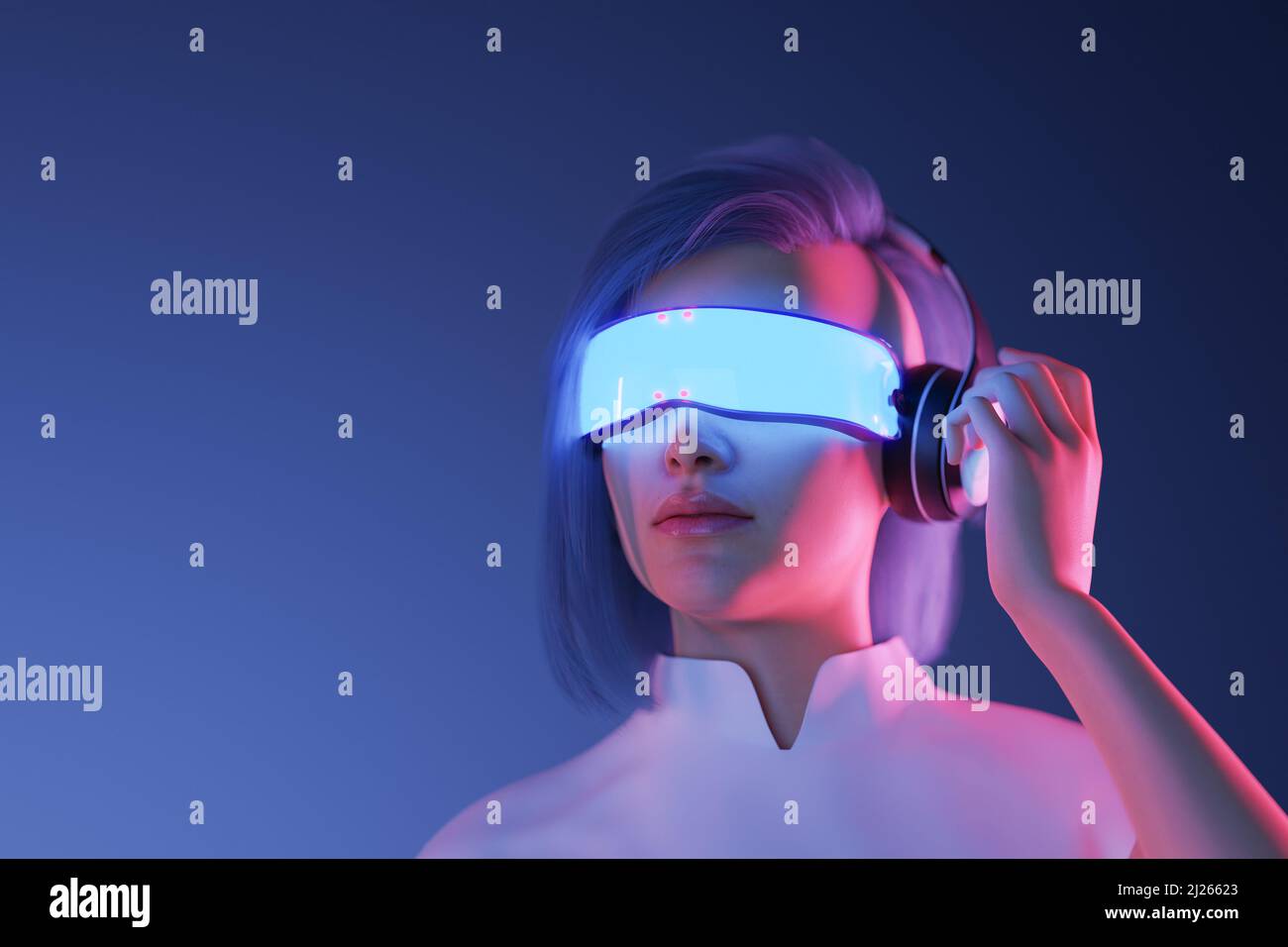 3d female character with futuristic VR glasses and headset. copy space. metaverse concept, technology, video game and virtual reality. 3d rendering Stock Photo
