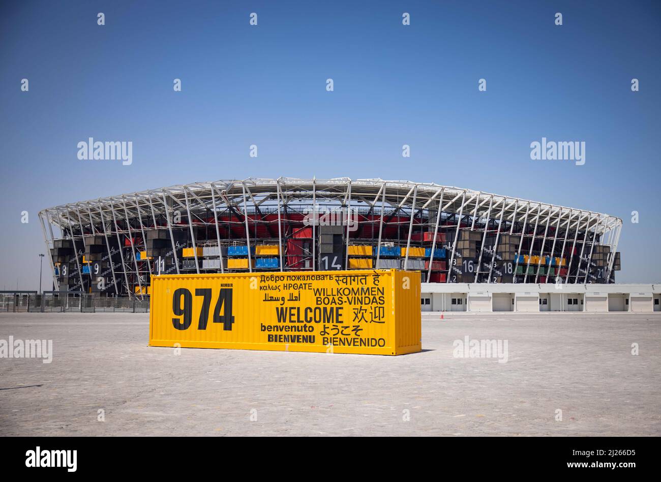 30 March 2022, Qatar, Doha: An exterior view shows the 974 stadium 