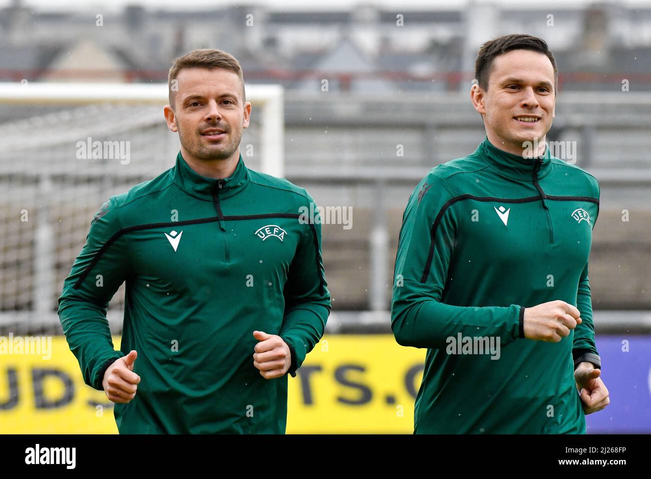 Newport, Wales. 29 March, 2022. Match Officials Pavel Orel (left) and Dan Vodrazka during the UEFA European Under-21 Championship Qualifier Group E match between Wales U21 and Bulgaria U21 at Rodney Parade in Newport, Wales, UK on 29, March 2022. Credit: Duncan Thomas/Majestic Media. Stock Photo