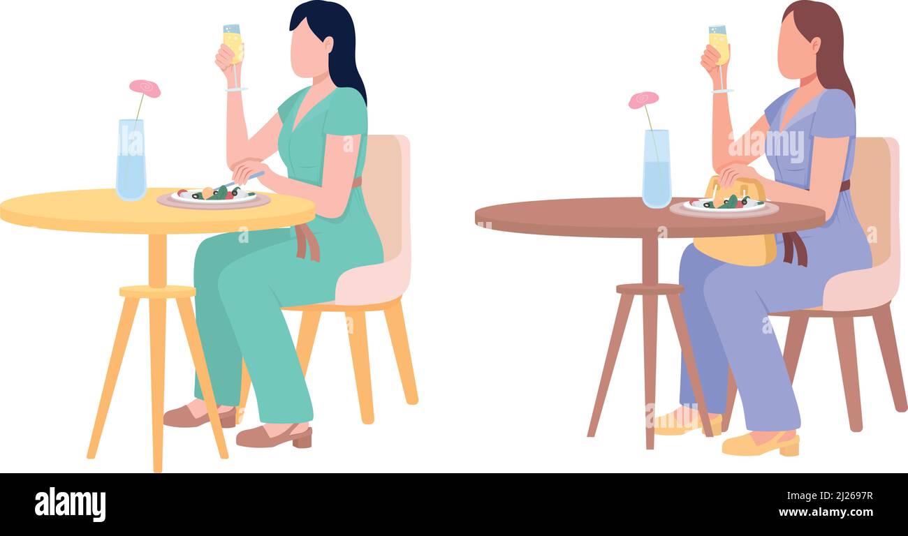 Pretty ladies enjoing white wine and salad semi flat color vector characters set Stock Vector