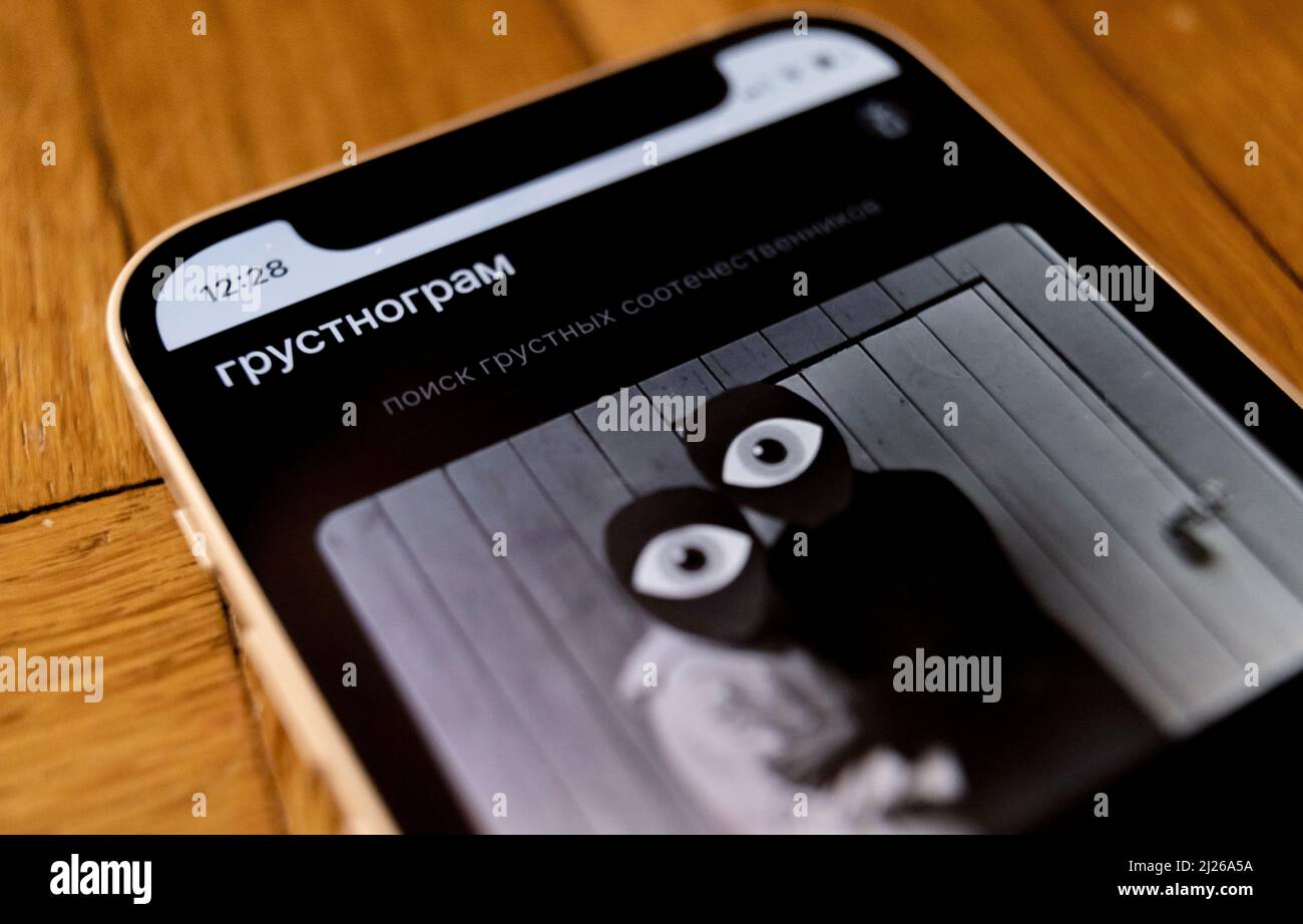 A web page of the social network 'Grustnogram' is seen on a smartphone in this illustration taken March 30, 2022. REUTERS/REUTERS PHOTOGRAPHER/Illustration Stock Photo