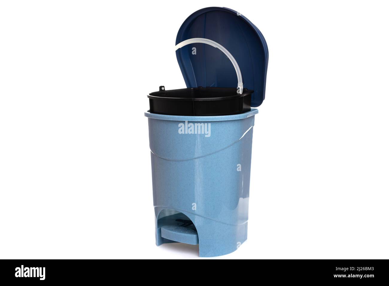 blue trash can with a lid and a pedal on a white isolated background