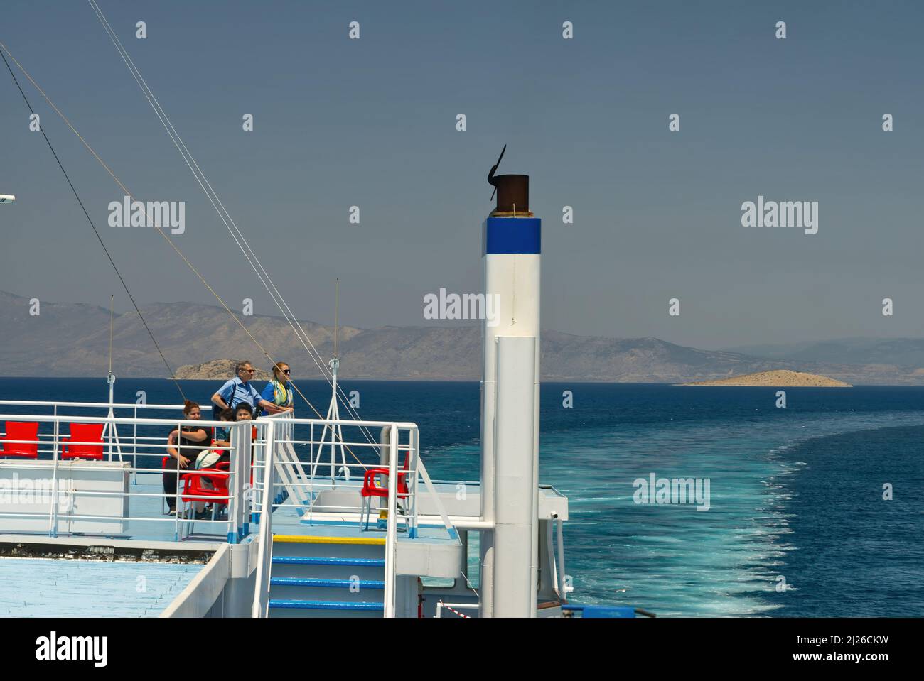 Athens, Greece - may 27, 2021: tourists on Cruise ship on the deck of the ferry during sail to Aegina island. Stock Photo