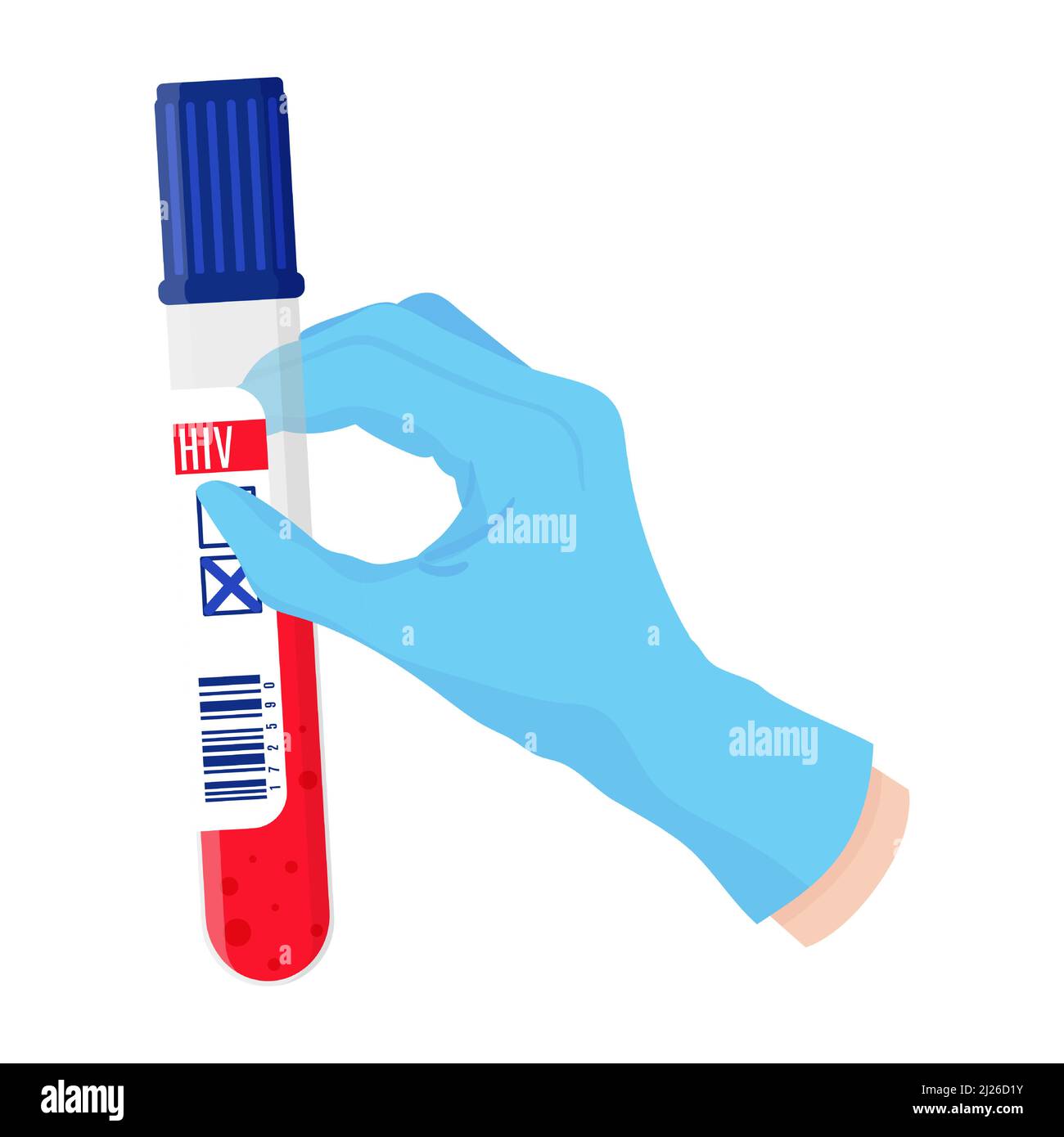 Vector cartoon doctors hand in blue glove holding test tube with blood