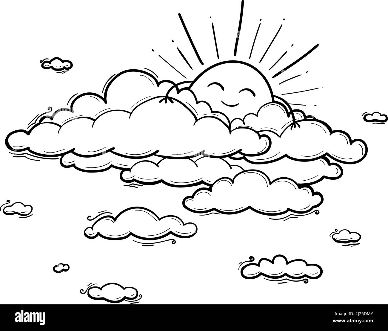 Sun and Cloud drawing in engraving outline style. Vector illustration isolated on white Stock Vector