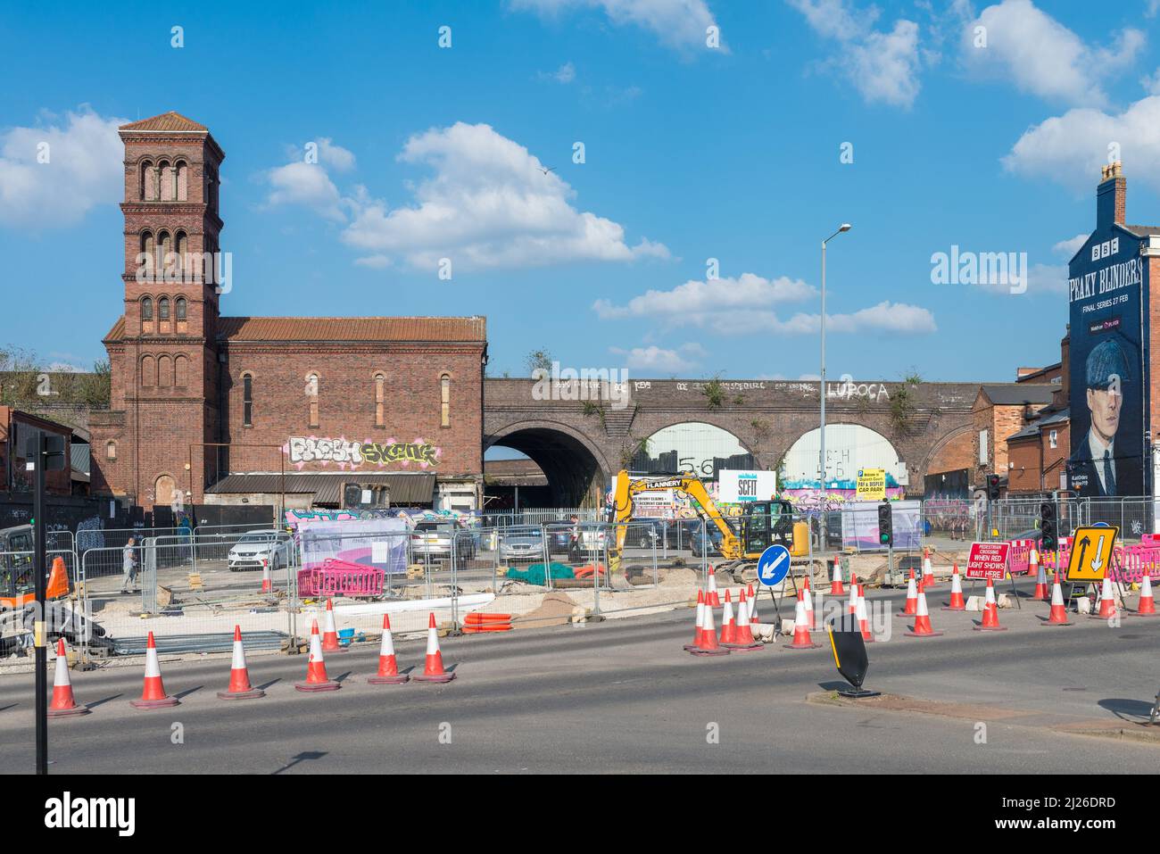 Road works on High Street Deritend, Digbeth, Birmingham as the Midland Metro line is extended Stock Photo