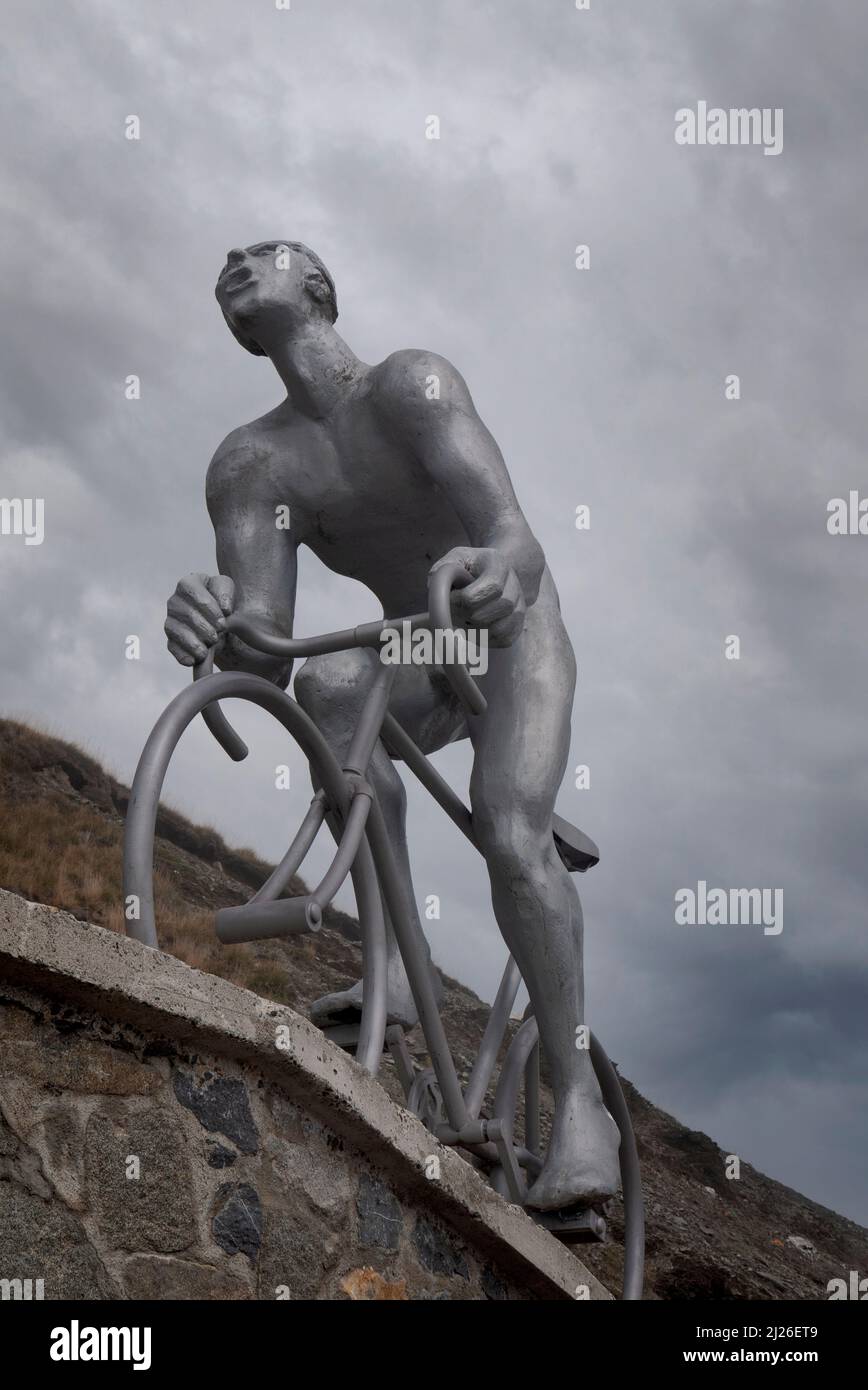 The steel statue of cyclist, Octave Lapize, that adorns the summit of the Col du Tourmalet, France Stock Photo