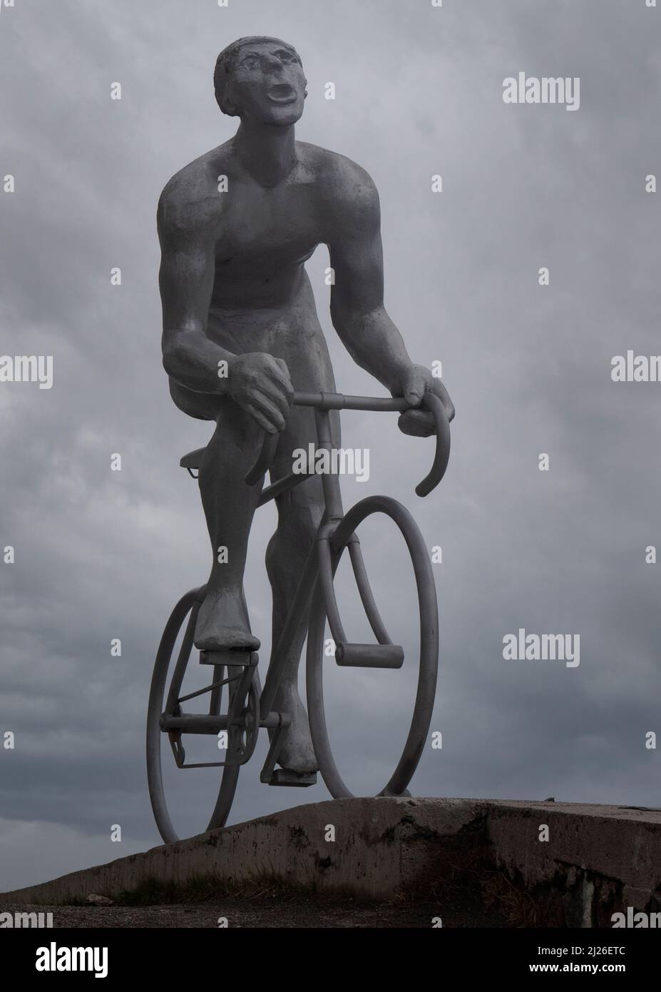 The steel statue of cyclist, Octave Lapize, that adorns the summit of the Col du Tourmalet, France Stock Photo