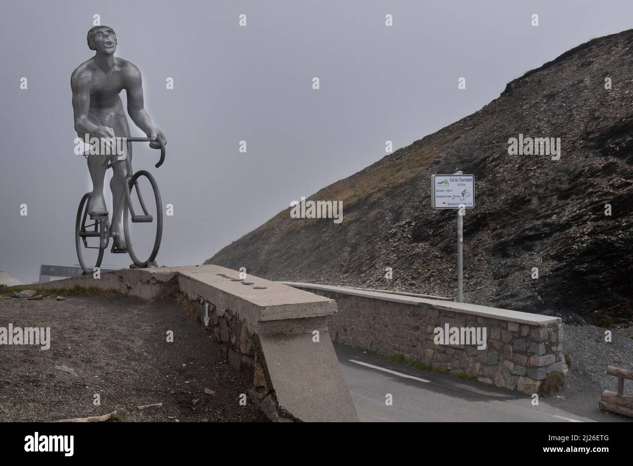 The steel statue of cyclist, Octave Lapize, that adorns the summit of the Col du Tourmalet, France Stock Photo