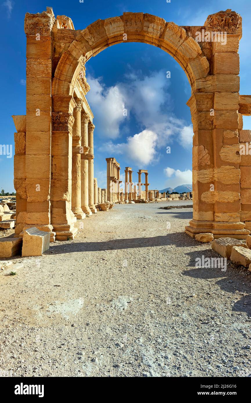 Syria. The ancient city of Palmyra. Great colonnade and monumental arch Stock Photo