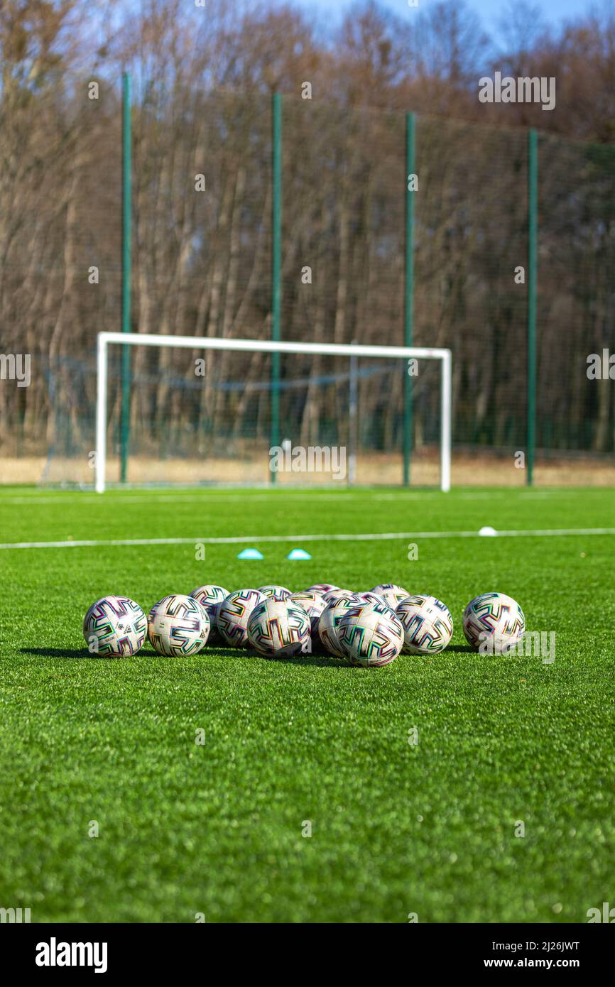 Vertical shot of a Soccer ball on football field Stock Photo Alamy